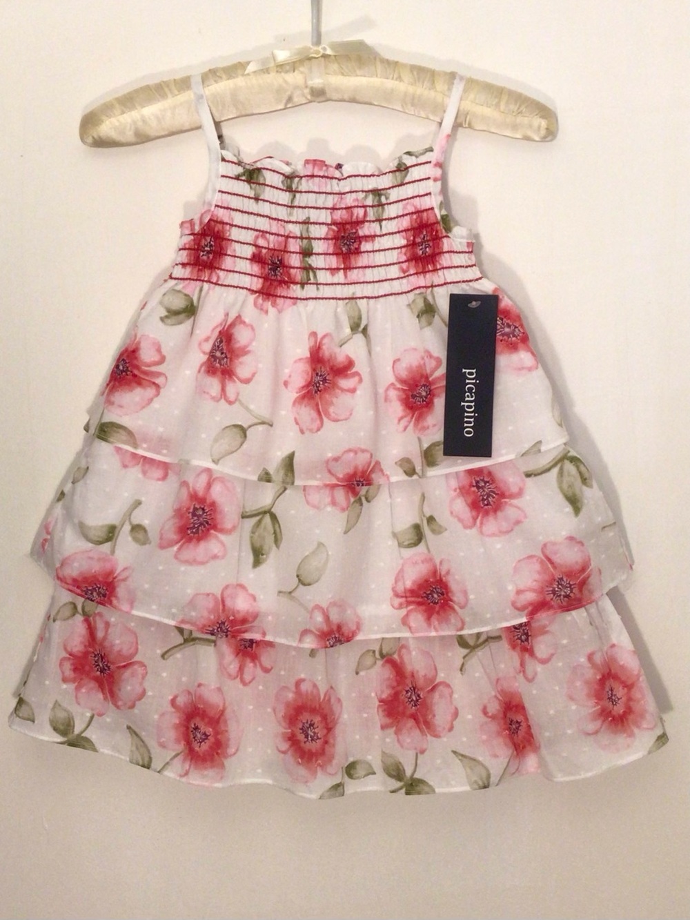 Picapino Girls' White Floral Tiered Sundress with Pink Blossoms